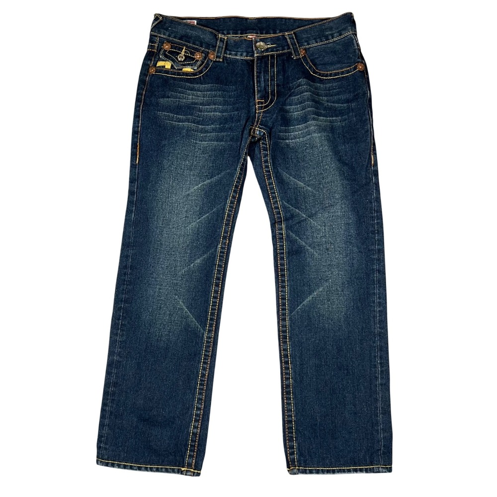 True Religion Billy Super T Dark Wash Straight Leg Jeans Men 34x33 Yellow Stitch